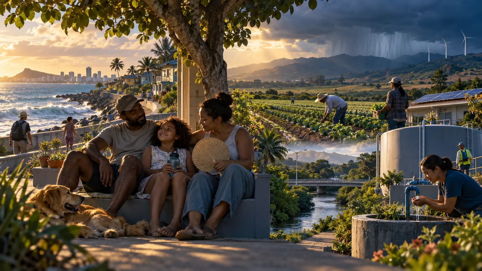 Families, farms and coastal homes connected to heat, rainfall and sea-level changes.