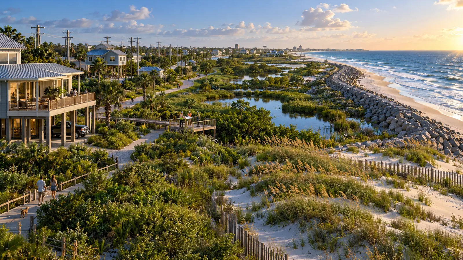Coastline combining elevated buildings, restored wetlands and a protected retreat corridor.