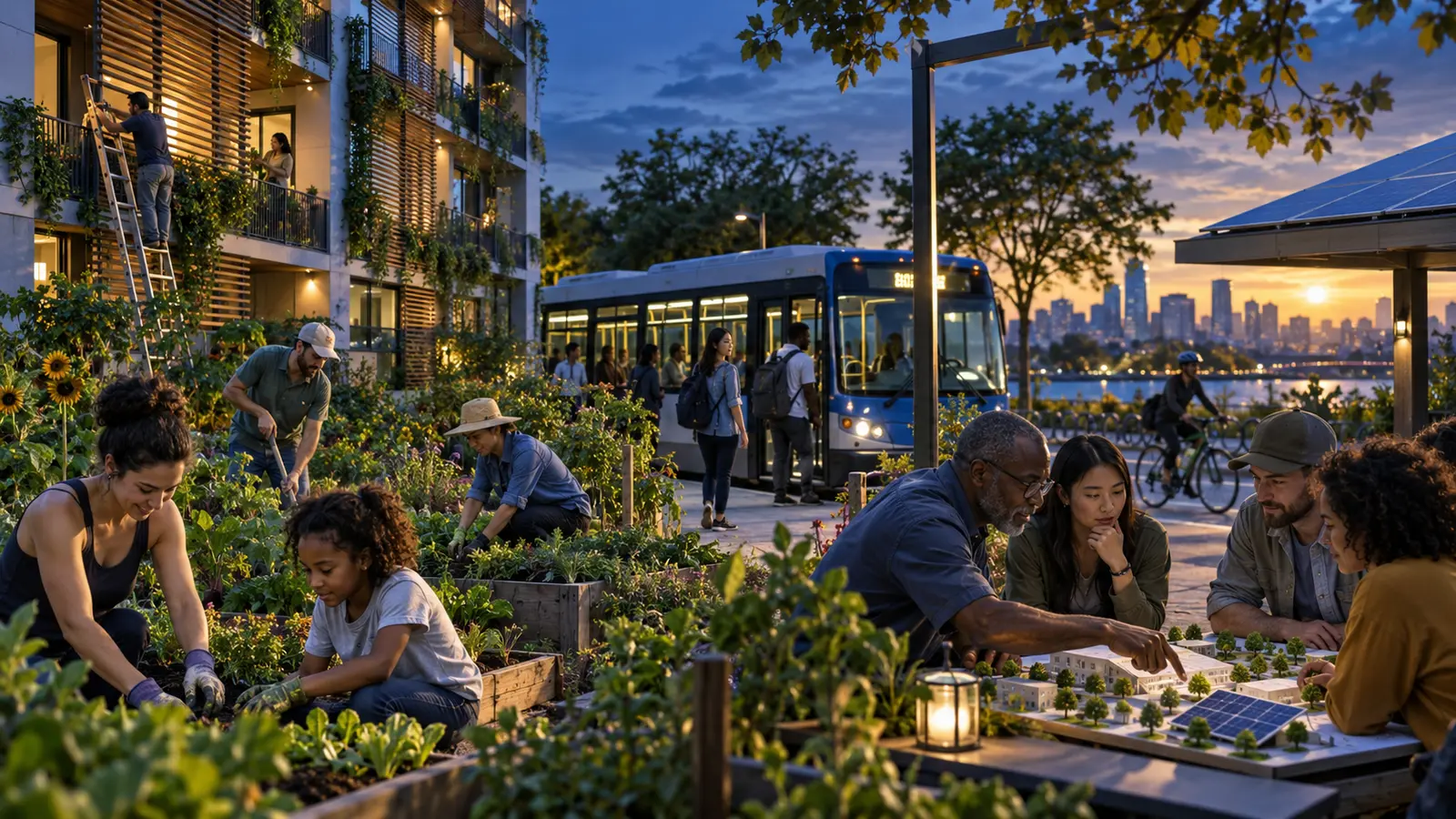 Neighbours improving transit, housing energy and a community garden together.