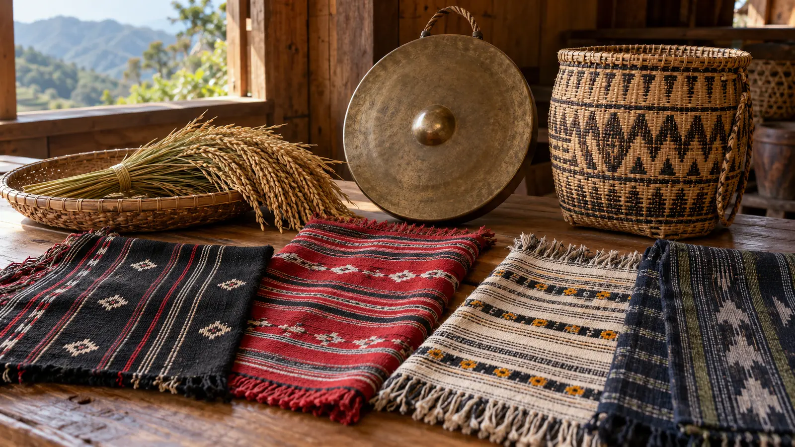 Illustrative Cordilleran textiles, gong, basket, and harvested rice