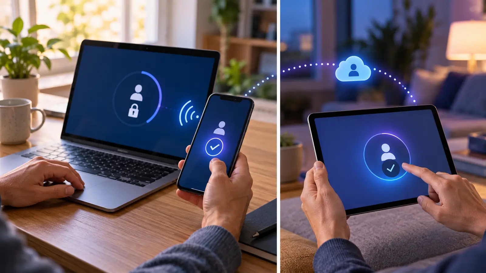 Phone approving a secure passkey sign-in on a nearby laptop