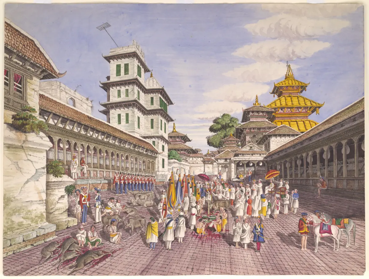 Historical illustration of Maha Navami celebrations in Kathmandu in 1856