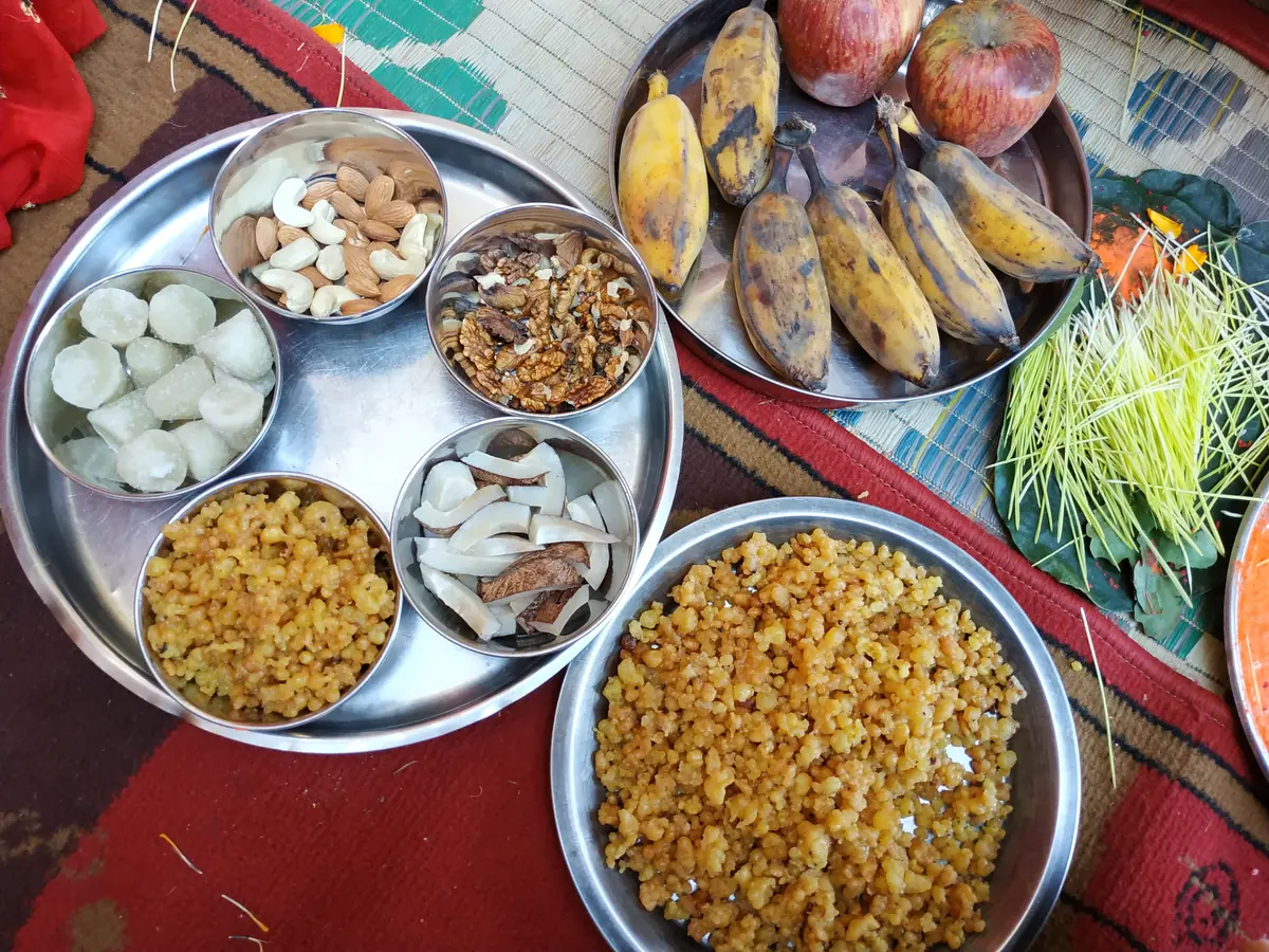 Sweets fruit and fresh jamara prepared for Dashain tika and prasad