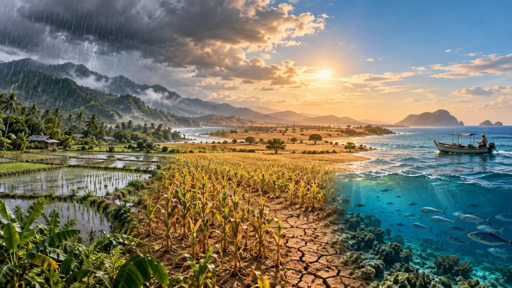 Illustration of contrasting El Niño rainfall, drought, farming and marine risks