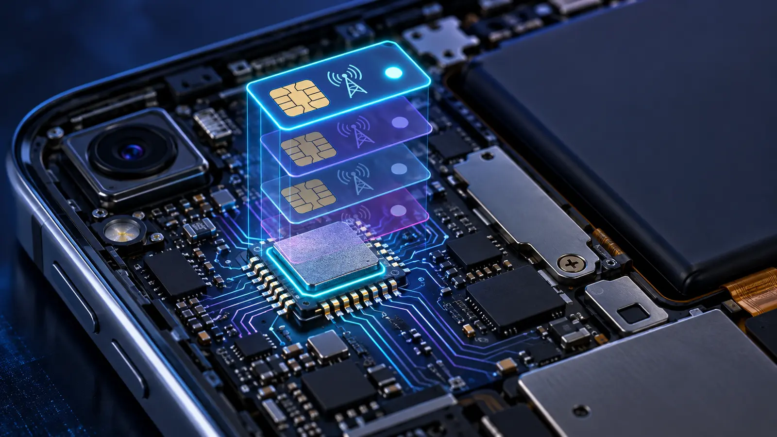 Cutaway phone showing several stored eSIM profiles above an embedded secure chip