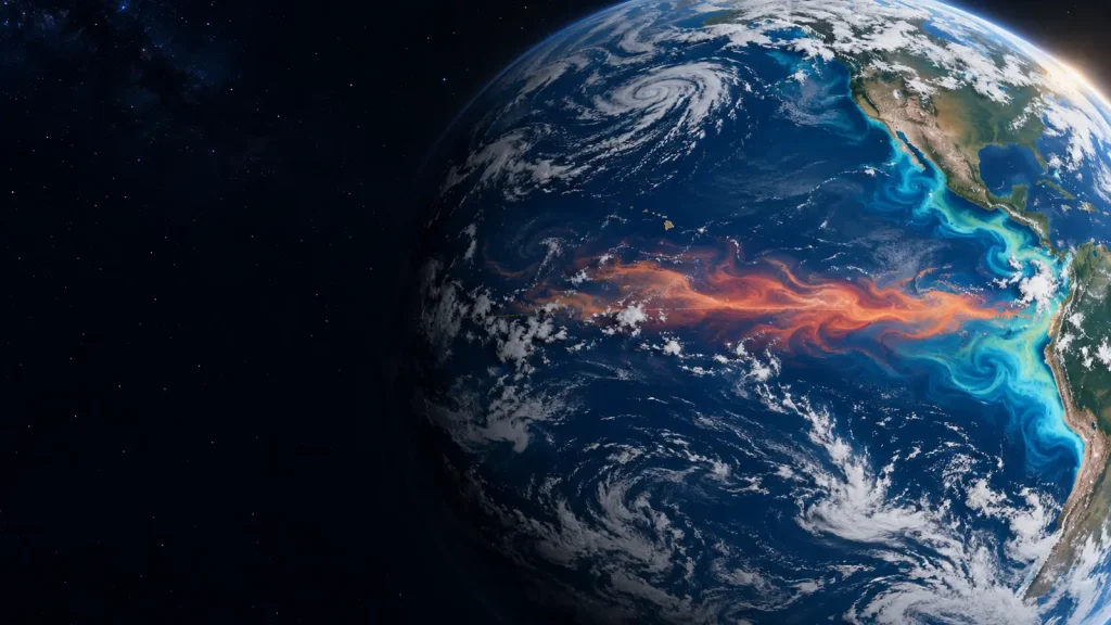 Pacific Ocean seen from space with contrasting warm and cool current patterns