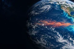 Pacific Ocean seen from space with contrasting warm and cool current patterns