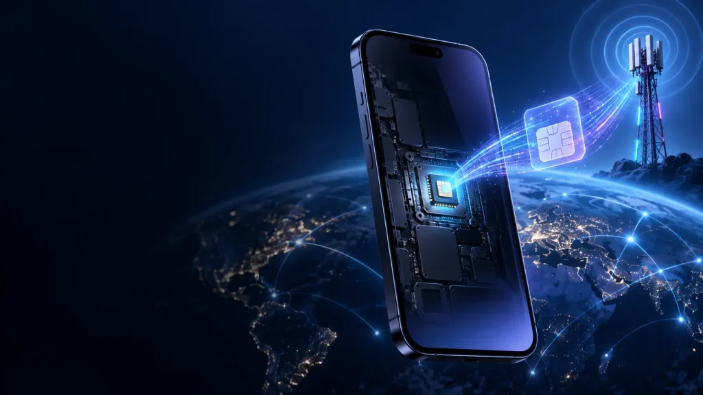 Smartphone with embedded SIM chip receiving a mobile network profile
