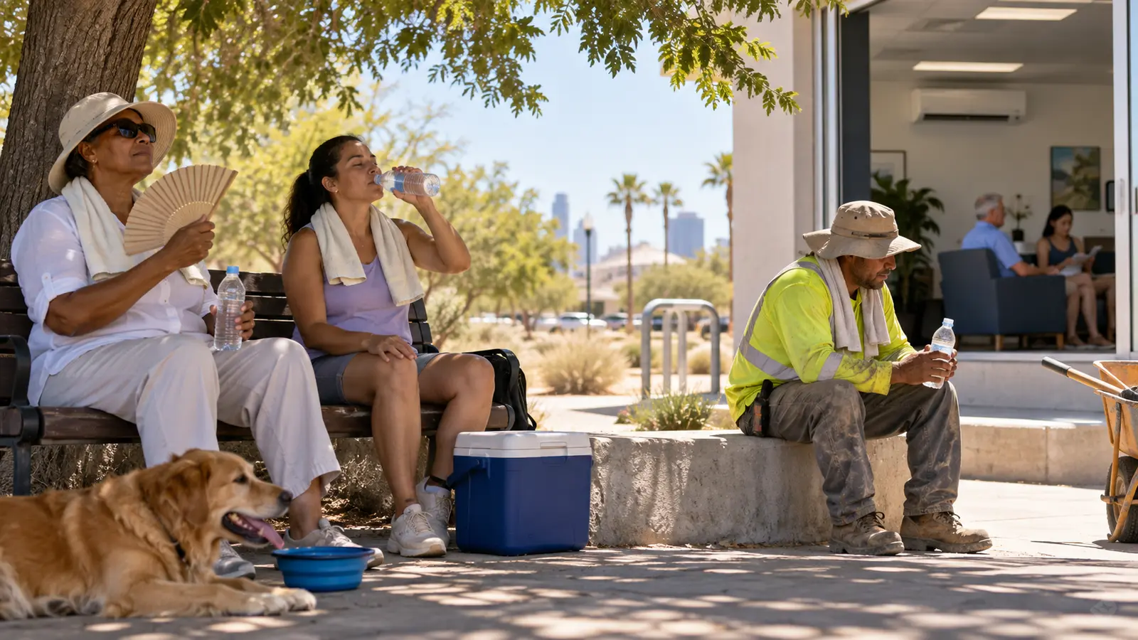 People resting in shade with water and access to a nearby cool indoor space