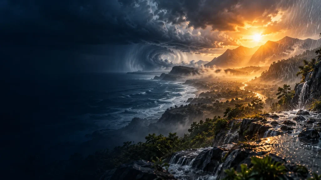 Landscape transitioning between heat, heavy rain and a coastal storm