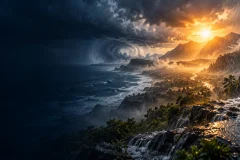 Landscape transitioning between heat, heavy rain and a coastal storm