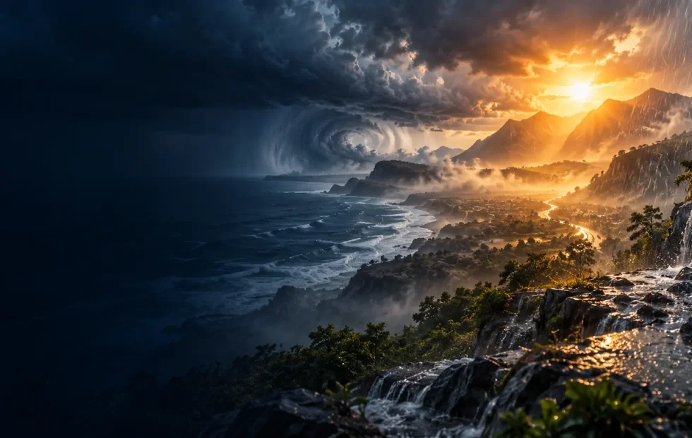 Landscape transitioning between heat, heavy rain and a coastal storm
