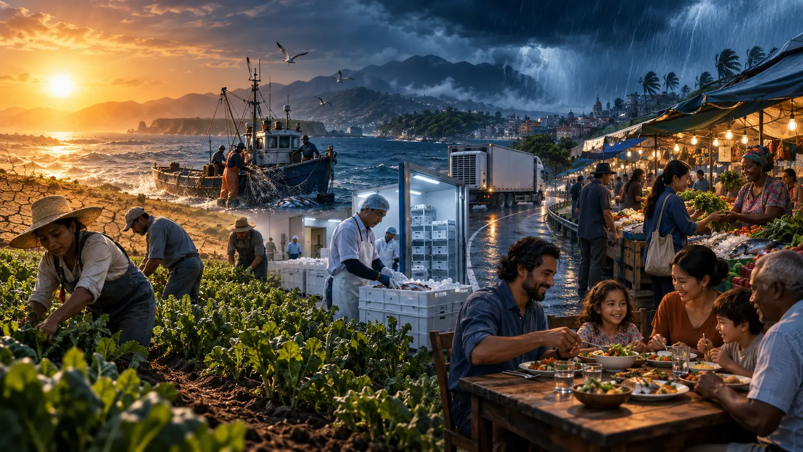 Food moving from field and fishing boat through storage and market to a family table.