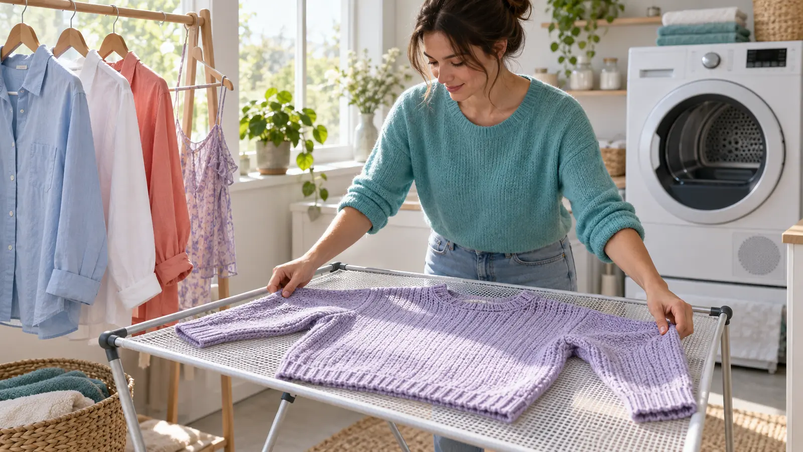Knitwear drying flat beside garments air-drying away from strong heat
