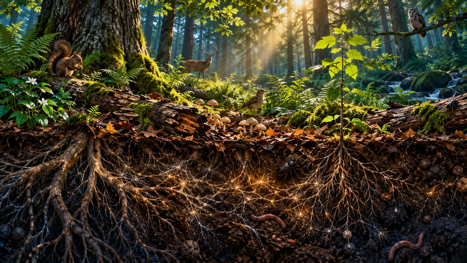 How do forests store carbon? Forest cross-section showing leaves, trunks, roots, fungi and soil
