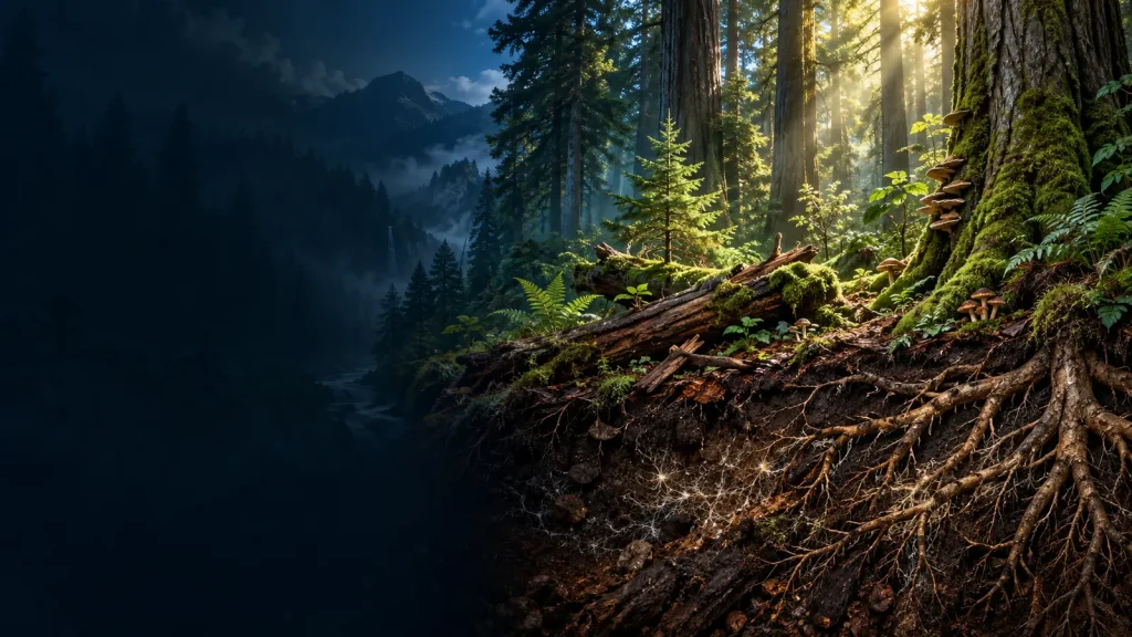 Layered natural forest with sunlit canopy, roots and dark soil carbon