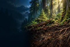 Layered natural forest with sunlit canopy, roots and dark soil carbon