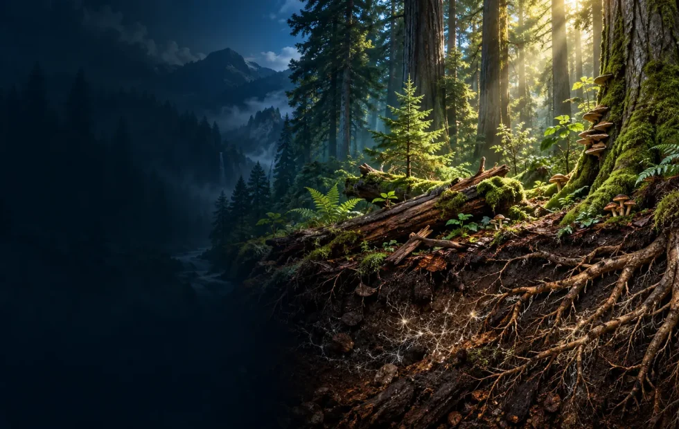 Layered natural forest with sunlit canopy, roots and dark soil carbon