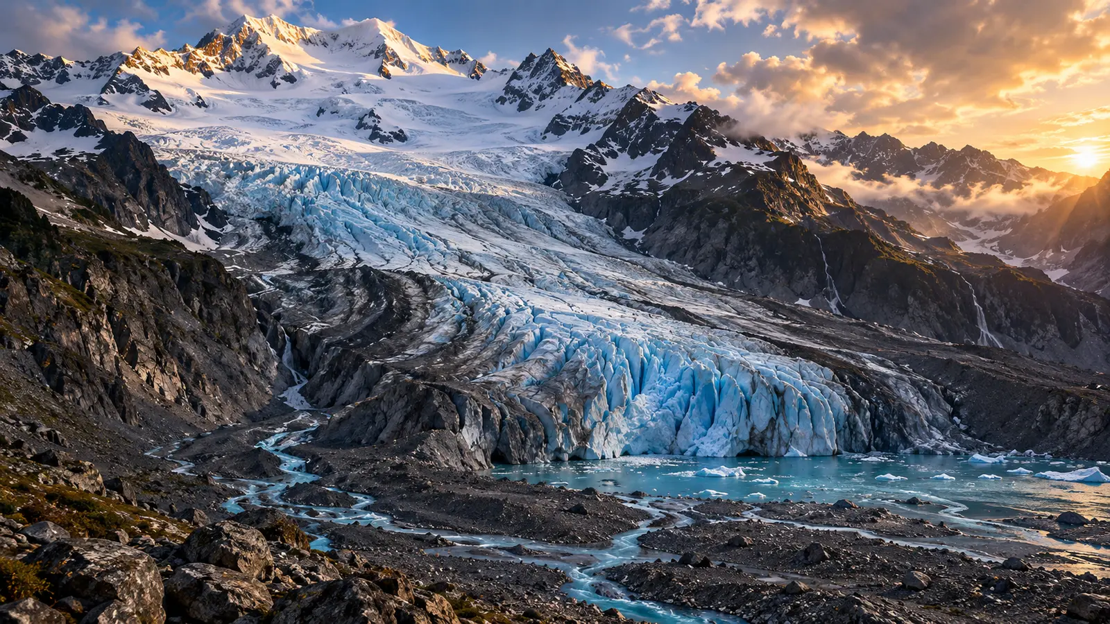 Why glaciers are melting: mountain ice showing snowy accumulation and meltwater