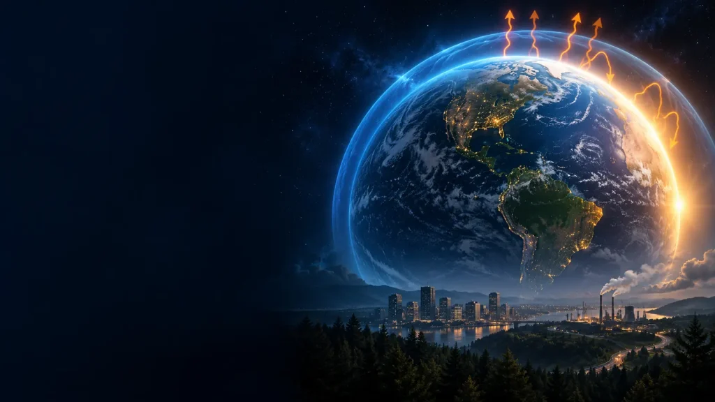 Earth’s illuminated atmosphere retaining heat above cities and forests
