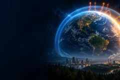 Earth’s illuminated atmosphere retaining heat above cities and forests