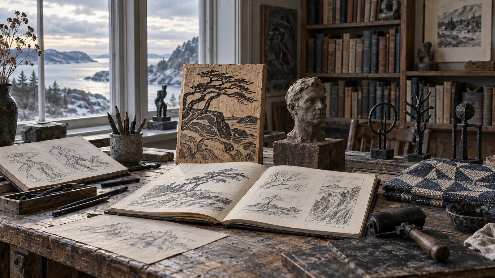 Gustav Vigeland drawings, woodcut tools, textile pattern and wrought-iron studies in a studio