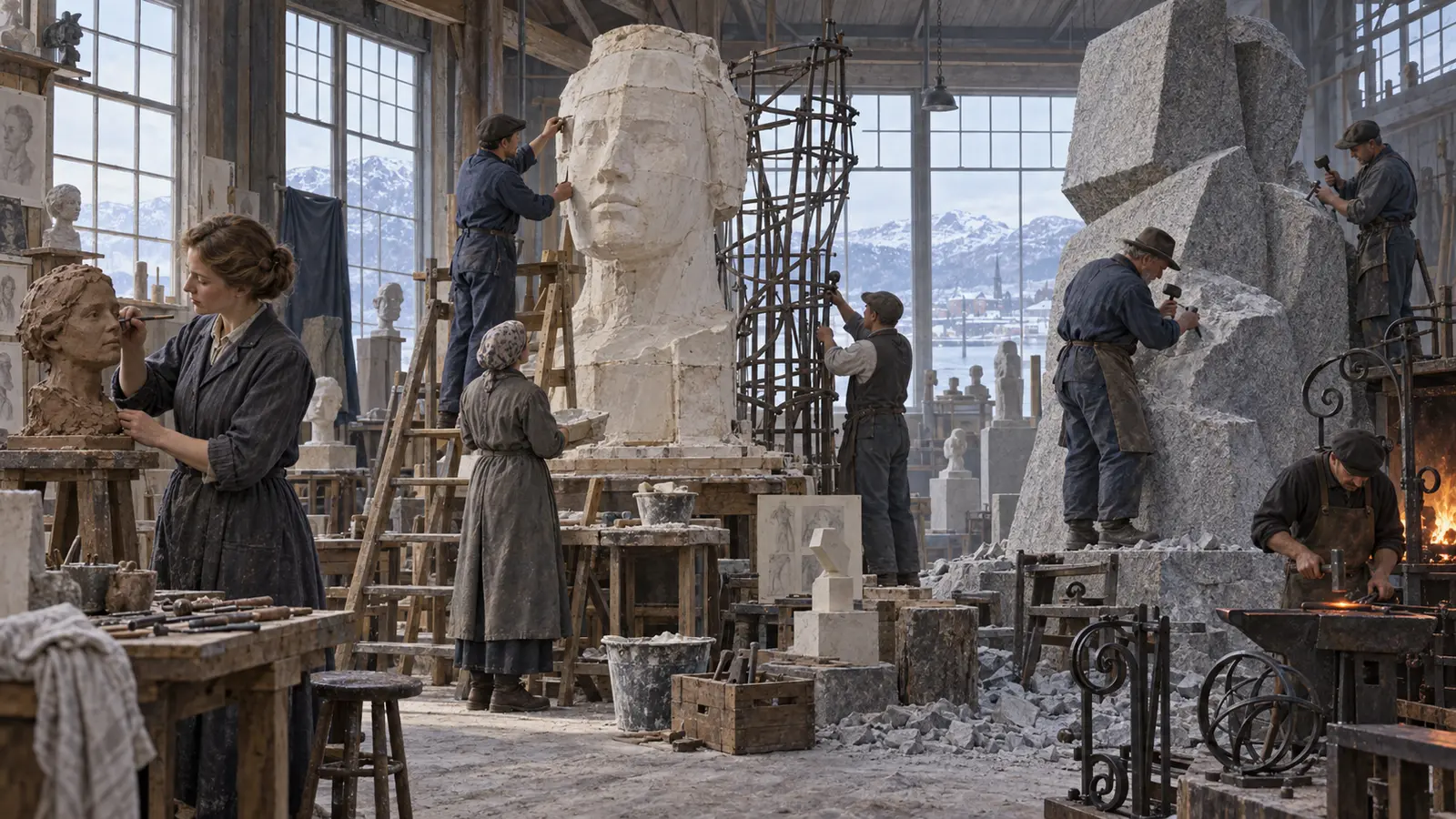 Sculptural workshop process from clay model to plaster, bronze and carved granite
