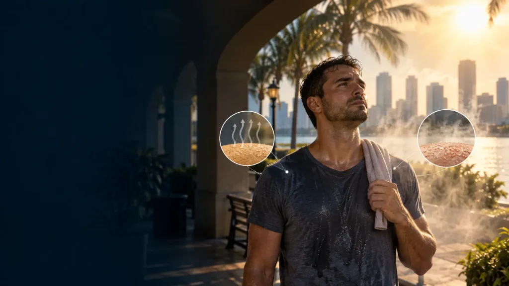 Person experiencing hot humid conditions while sweat evaporation is limited