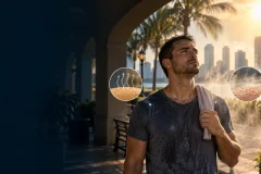 Person experiencing hot humid conditions while sweat evaporation is limited