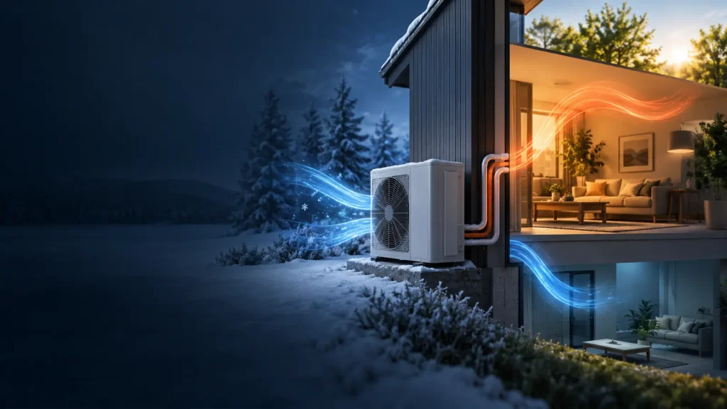 Outdoor heat-pump unit moving heat into a warm home on a winter evening