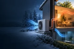 Outdoor heat-pump unit moving heat into a warm home on a winter evening