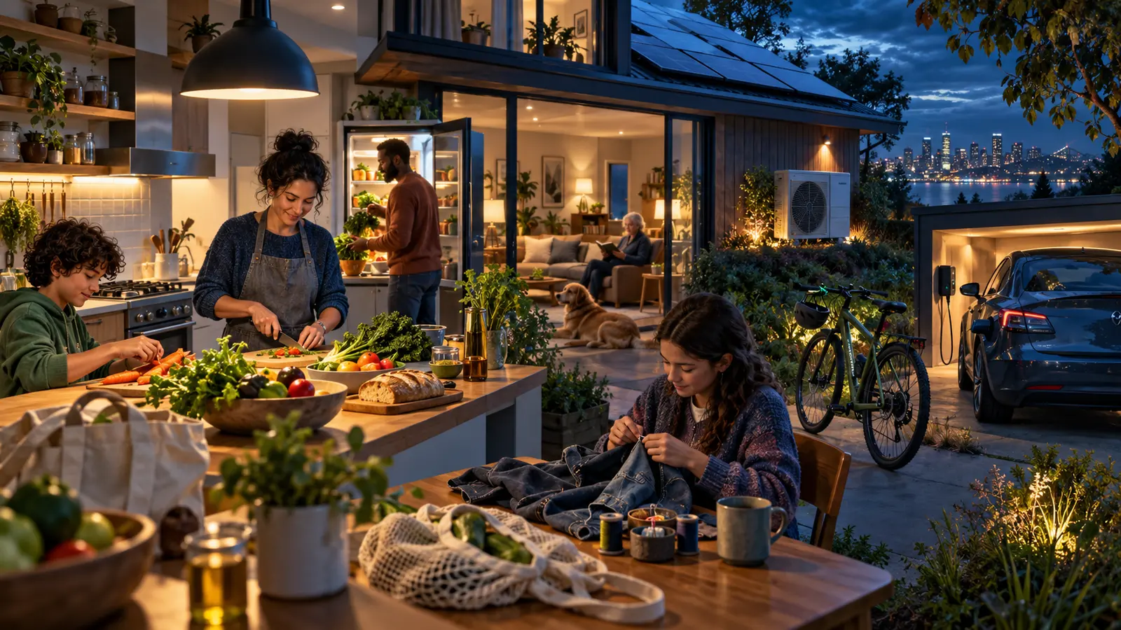 Household energy, travel, meals and purchases arranged as connected sources.