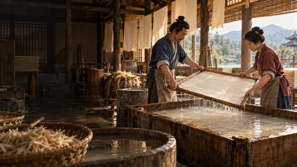How did paper spread across the world? Papermakers lifting a fresh sheet in a colourful historical workshop
