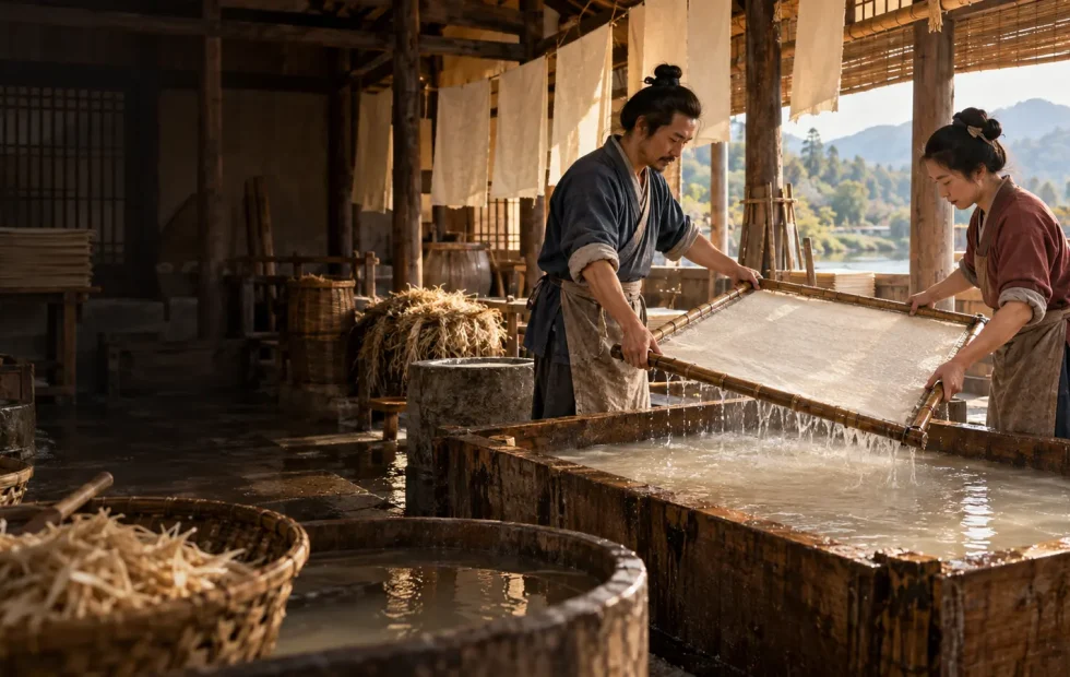 How did paper spread across the world? Papermakers lifting a fresh sheet in a colourful historical workshop