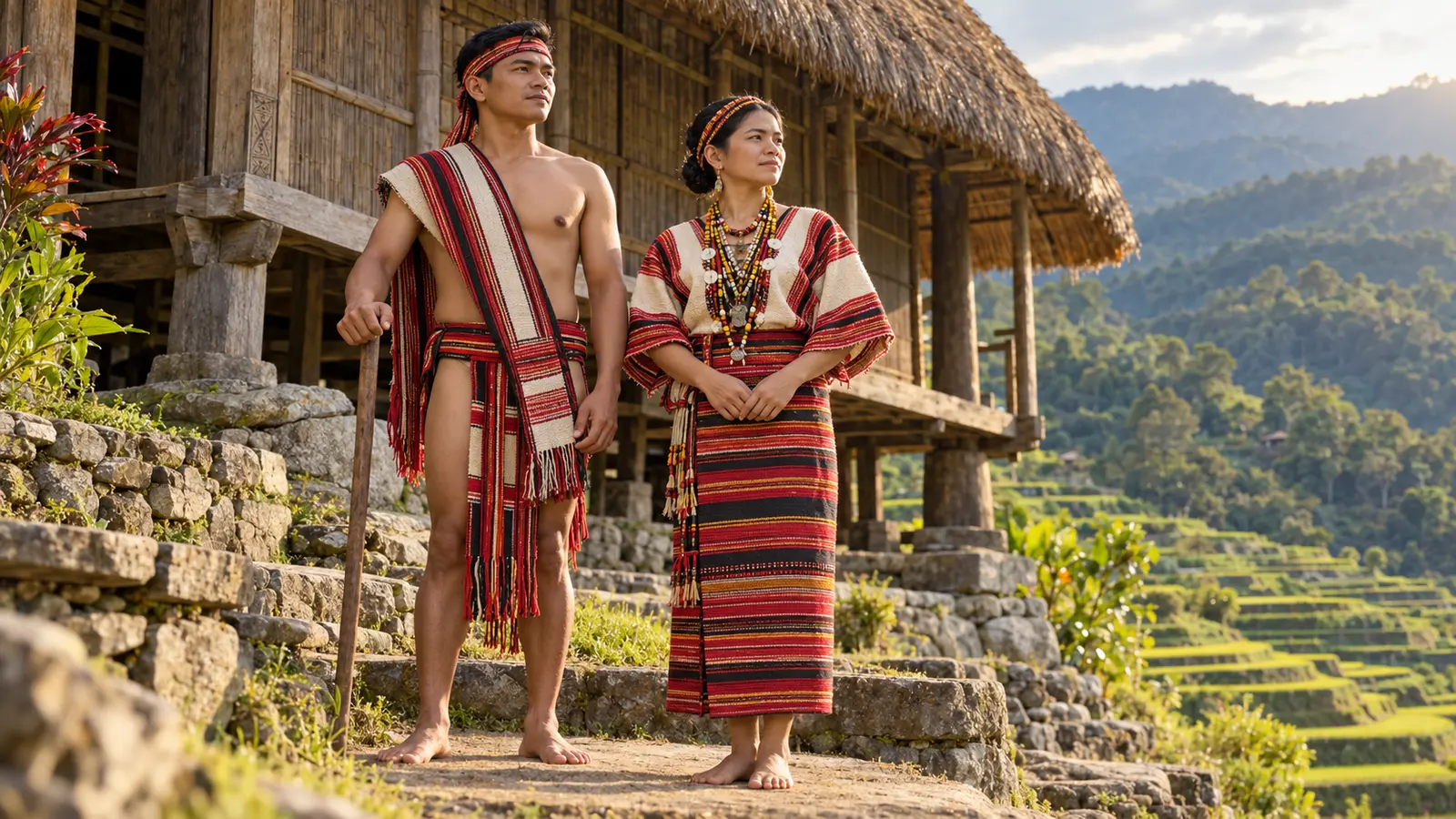 Mga nasa hustong gulang na Ifugao na nakasuot ng ilustratibong pormal na hinabing kasuotan sa tabi ng isang bahay sa kabundukan