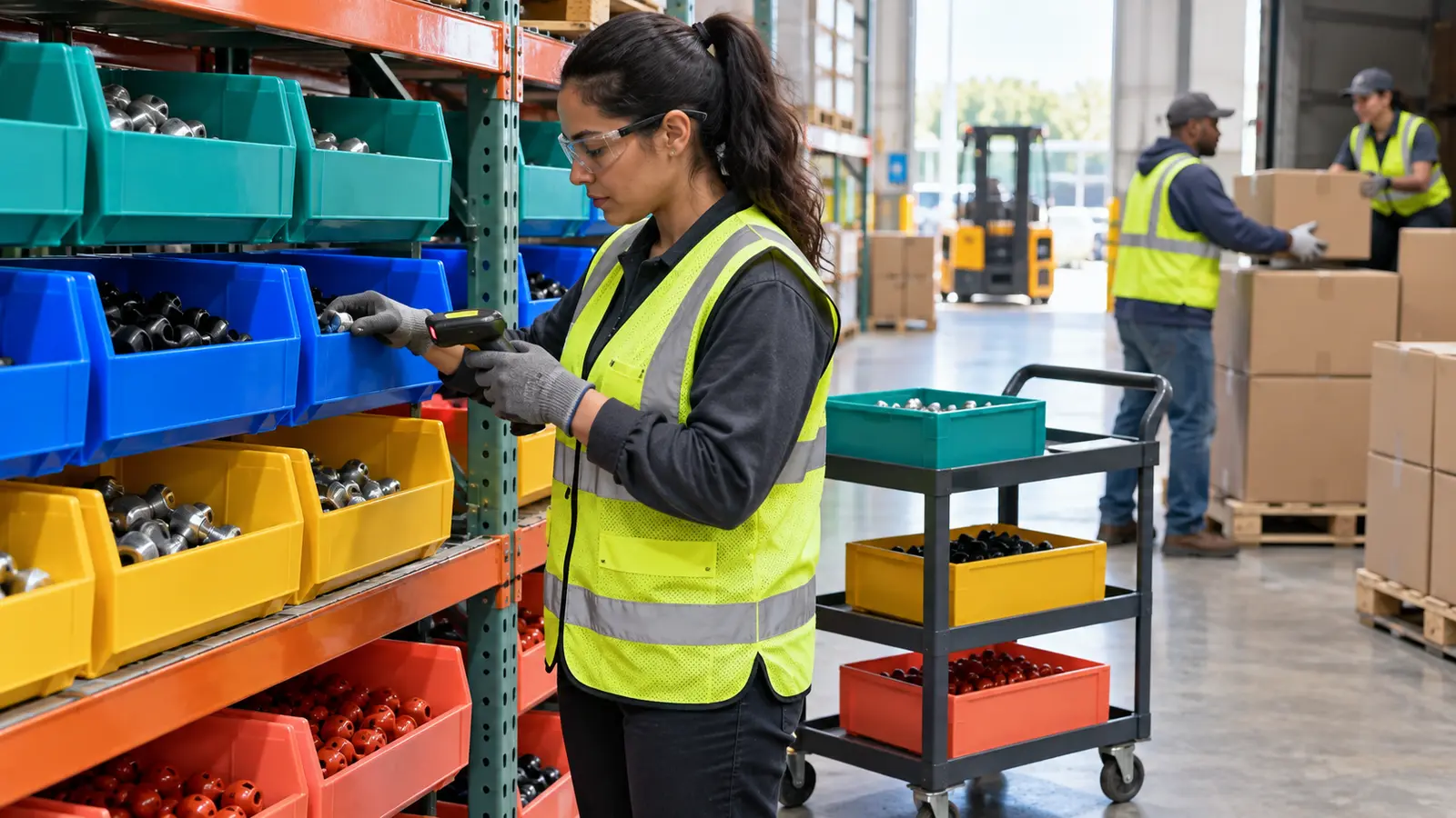 Warehouse employee cycle-counting stock with a handheld scanner and organised bins