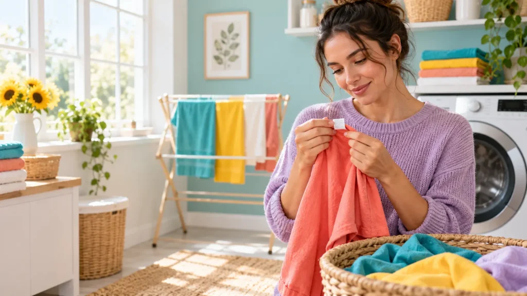What do laundry care symbols mean? Clothing label, washer, drying rack and iron arranged as a care sequence