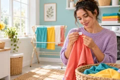 What do laundry care symbols mean? Clothing label, washer, drying rack and iron arranged as a care sequence