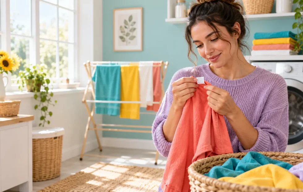 What do laundry care symbols mean? Clothing label, washer, drying rack and iron arranged as a care sequence