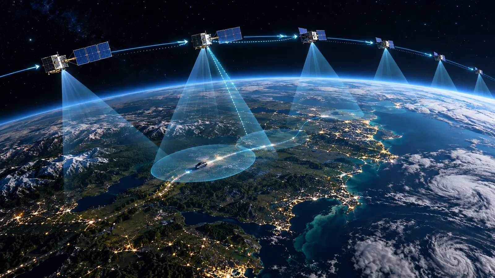 Chain of low Earth orbit satellites handing a connection across Earth