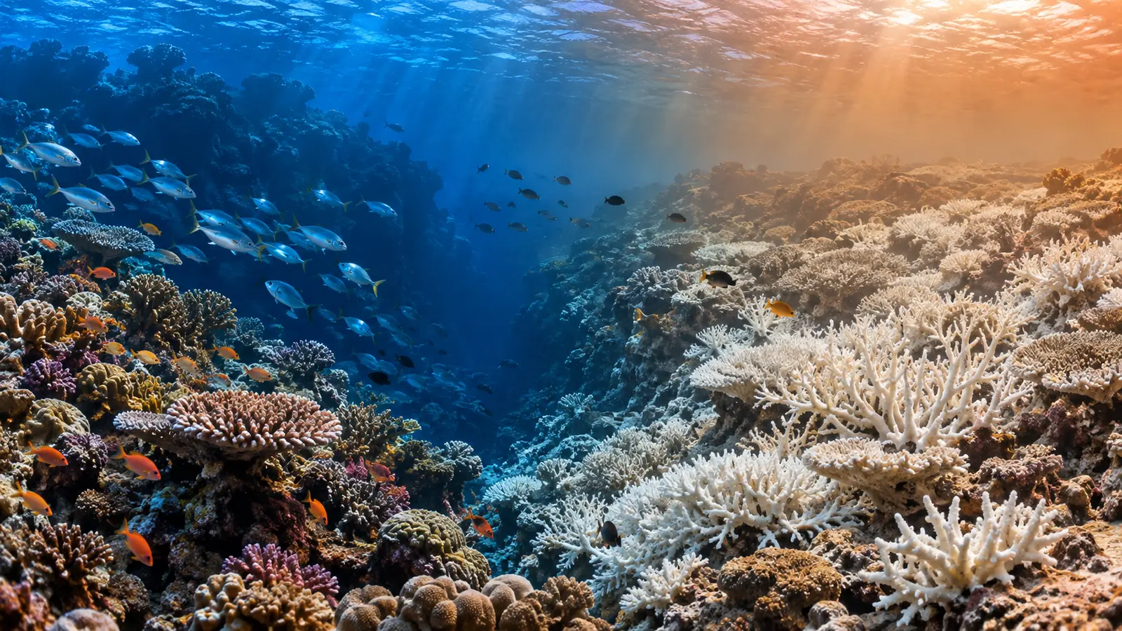 Oceans getting warmer and stressing coral reefs, schooling fish and marine ecosystems