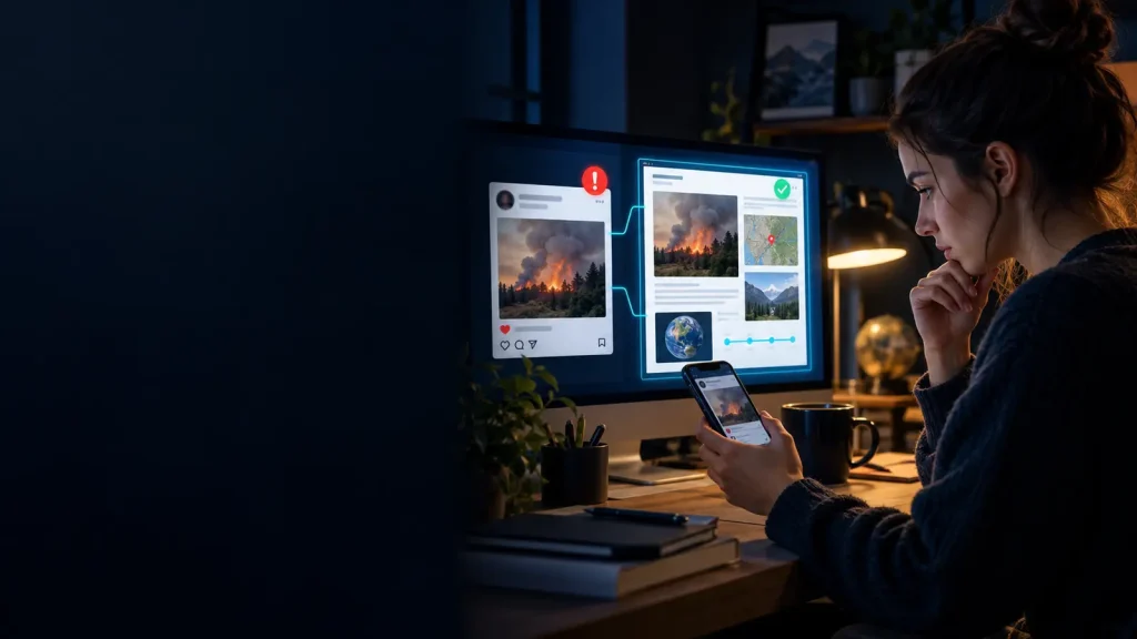 A reader comparing news, video and source documents before sharing