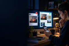 A reader comparing news, video and source documents before sharing