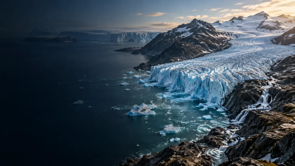 Blue glacier descending between dark mountain ridges under a warming sky