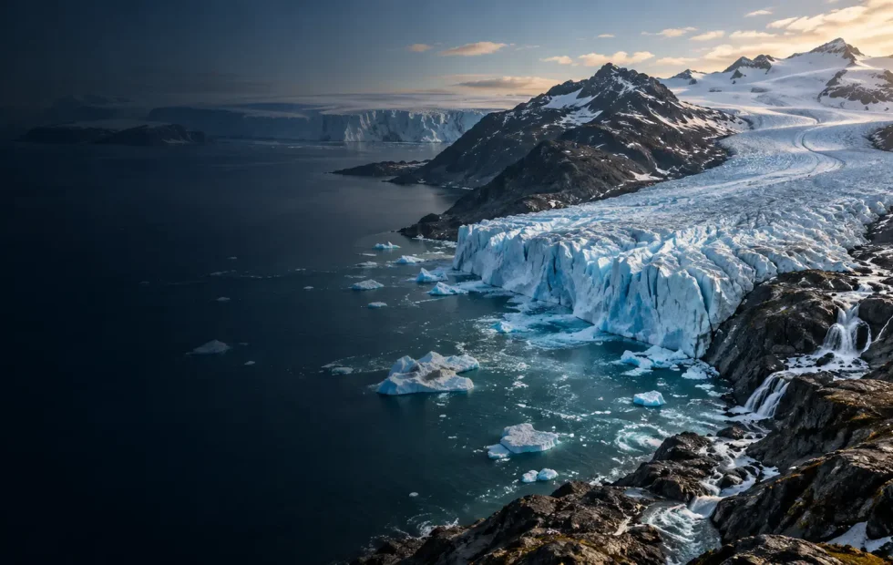 Blue glacier descending between dark mountain ridges under a warming sky