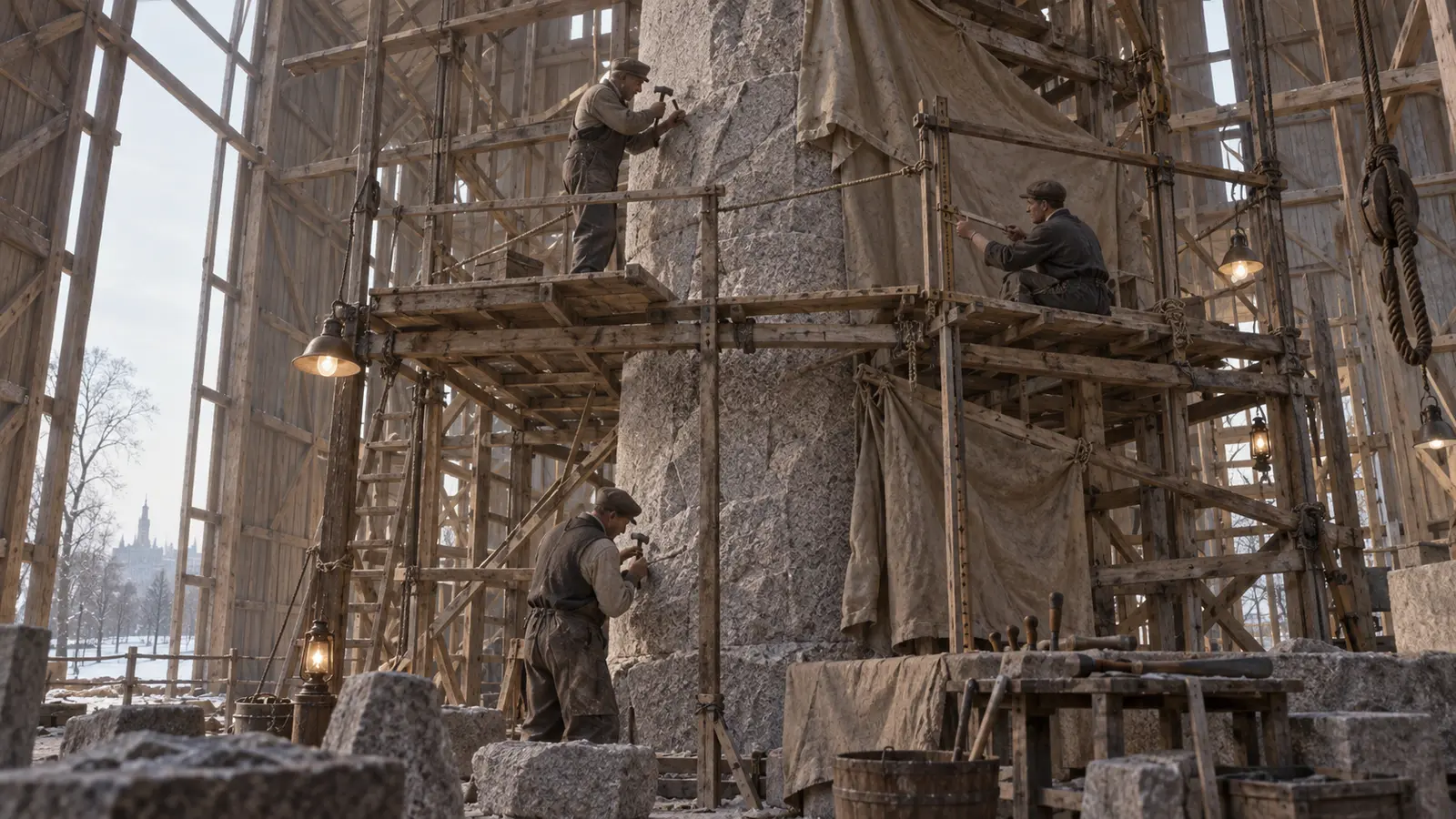 Editorial reconstruction of stone carvers working on a granite column from wooden scaffolding