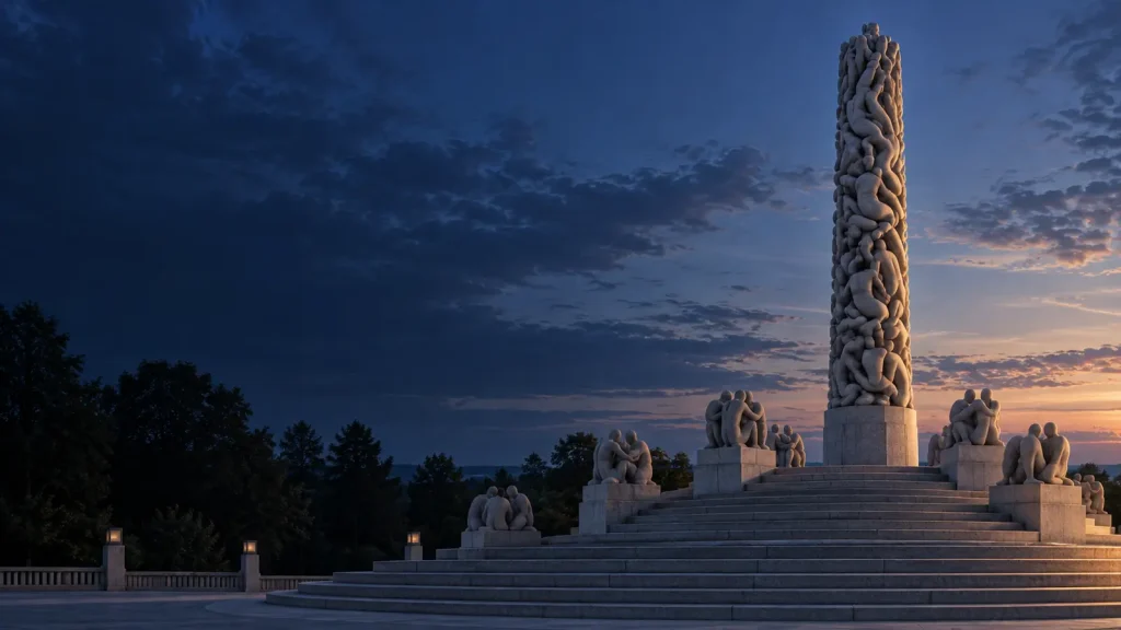 Editorial illustration of the Monolith in Vigeland Park rising above granite terraces