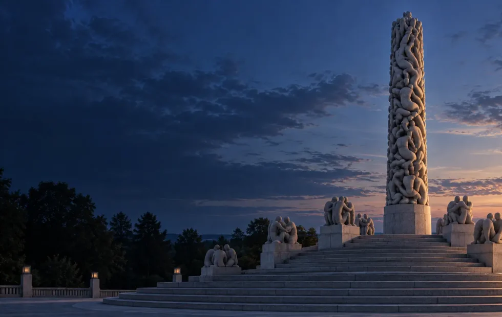 Editorial illustration of the Monolith in Vigeland Park rising above granite terraces