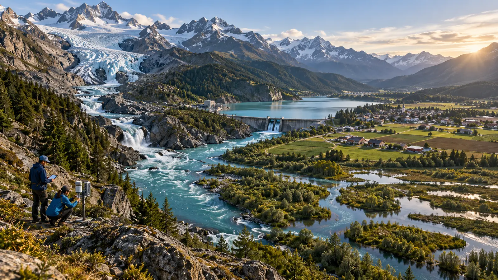 Why glaciers are melting: glacier-fed river flowing toward farms, town and reservoir