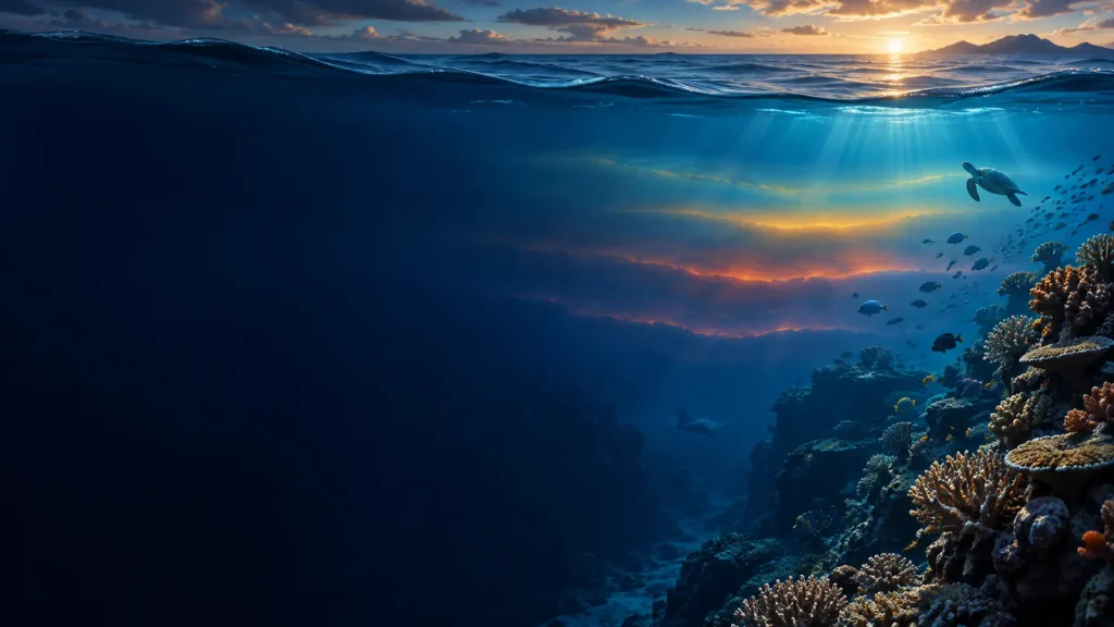 Warm ocean currents glowing beneath a dramatic blue sea surface